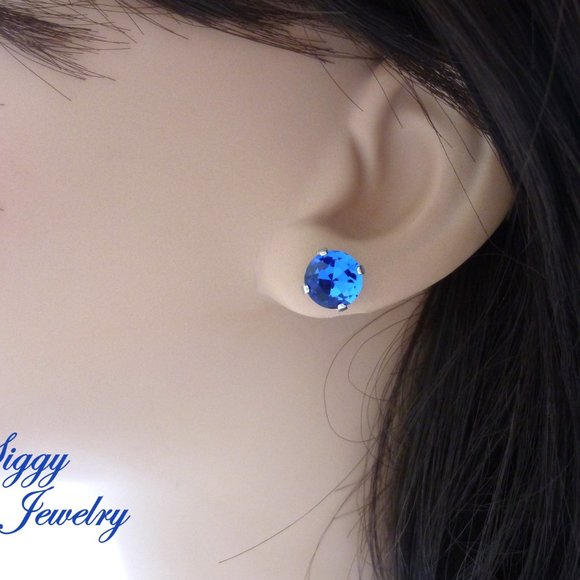 Sapphire Blue Crystal Gumdrop Earrings, 8mm Solitaire Studs, Posts, Silver Tone - Picture 6 of 6